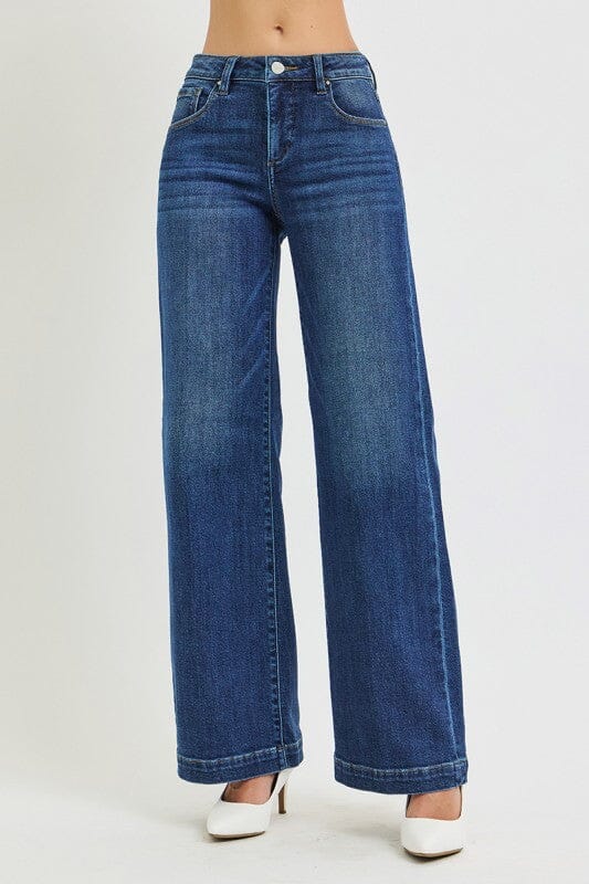 Risen Tummy Control Mid Rise Wide Leg Dark Wash Jeans Bottoms Risen 