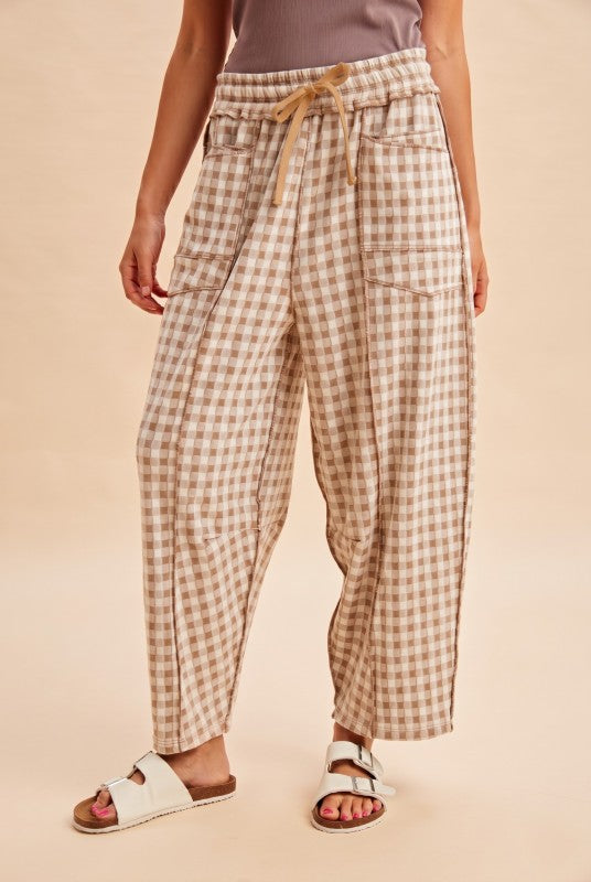 Light Mocha Gingham Plaid Barrel Sweatpants