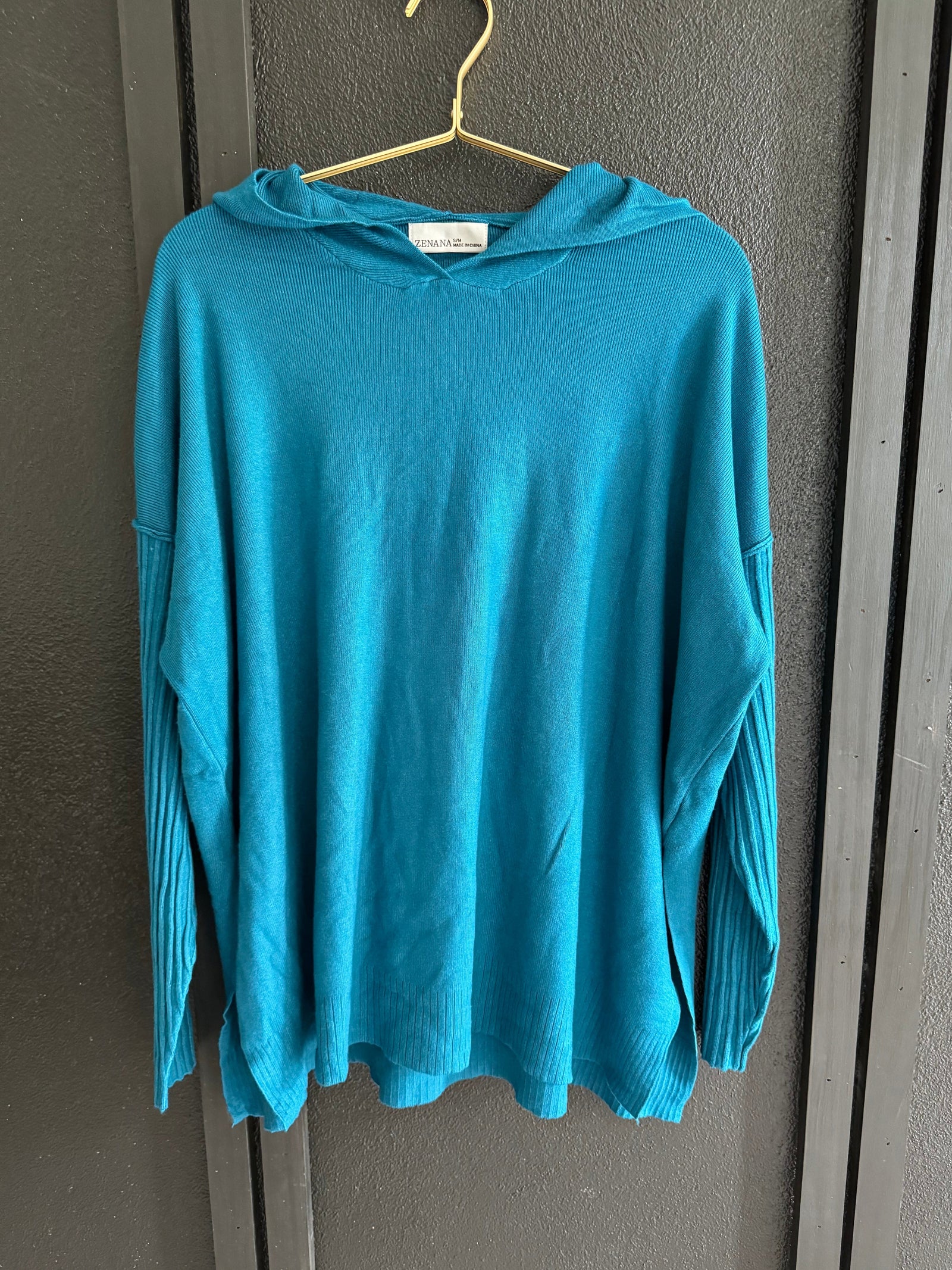 Ocean Teal Ribbed Sleeve Split Hem Hoodie Long sleeve Zenana 