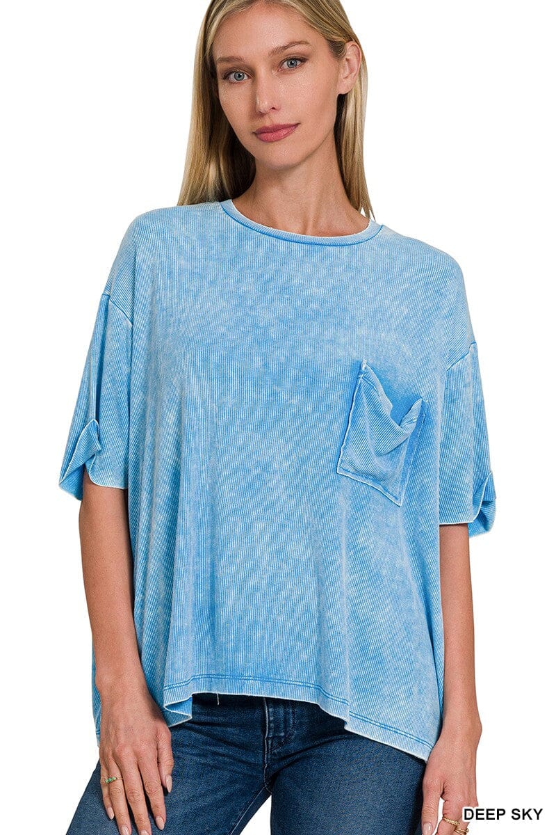 Deep Sky Acid Wash Ribbed Oversized Pocket Tee Summer Tanks Zenana 