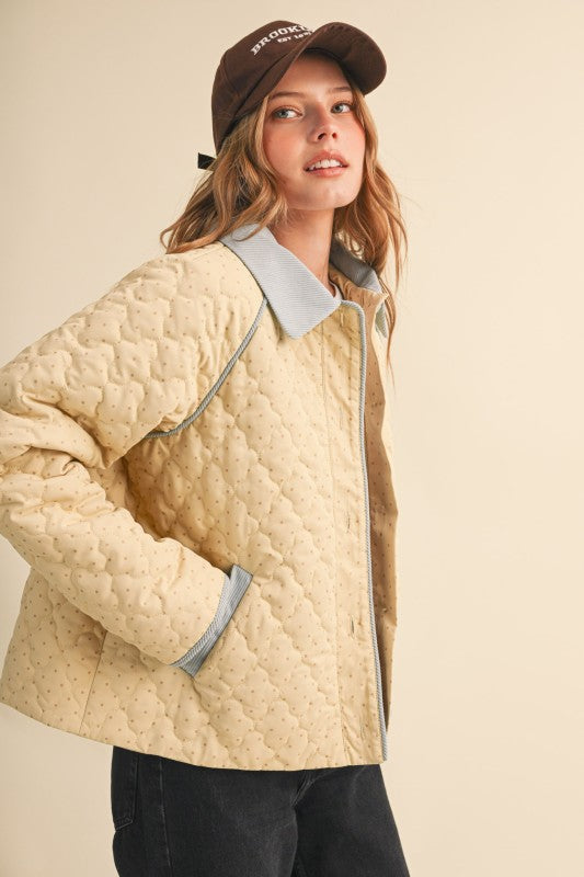Butter Yellow and Light Blue Polka Dot Corduroy Trim Quilted Jacket