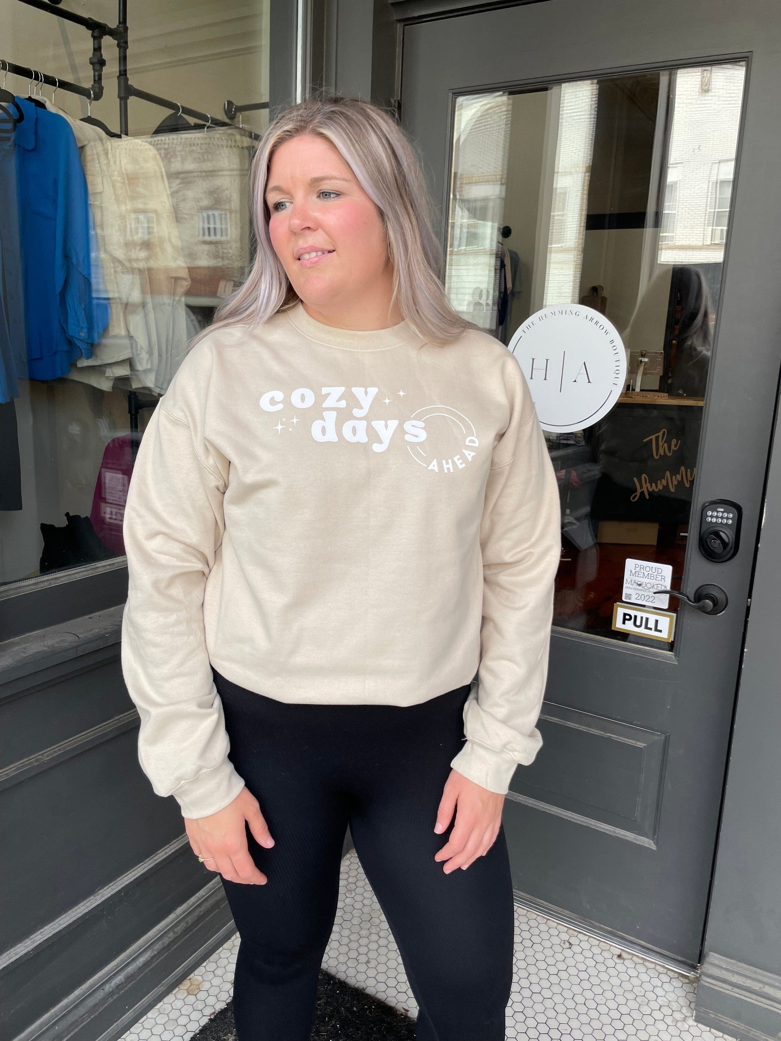 THA Exclusive Cozy Days Ahead Sand Crewneck Sweatshirt Long sleeve The Humming Arrow Boutique 