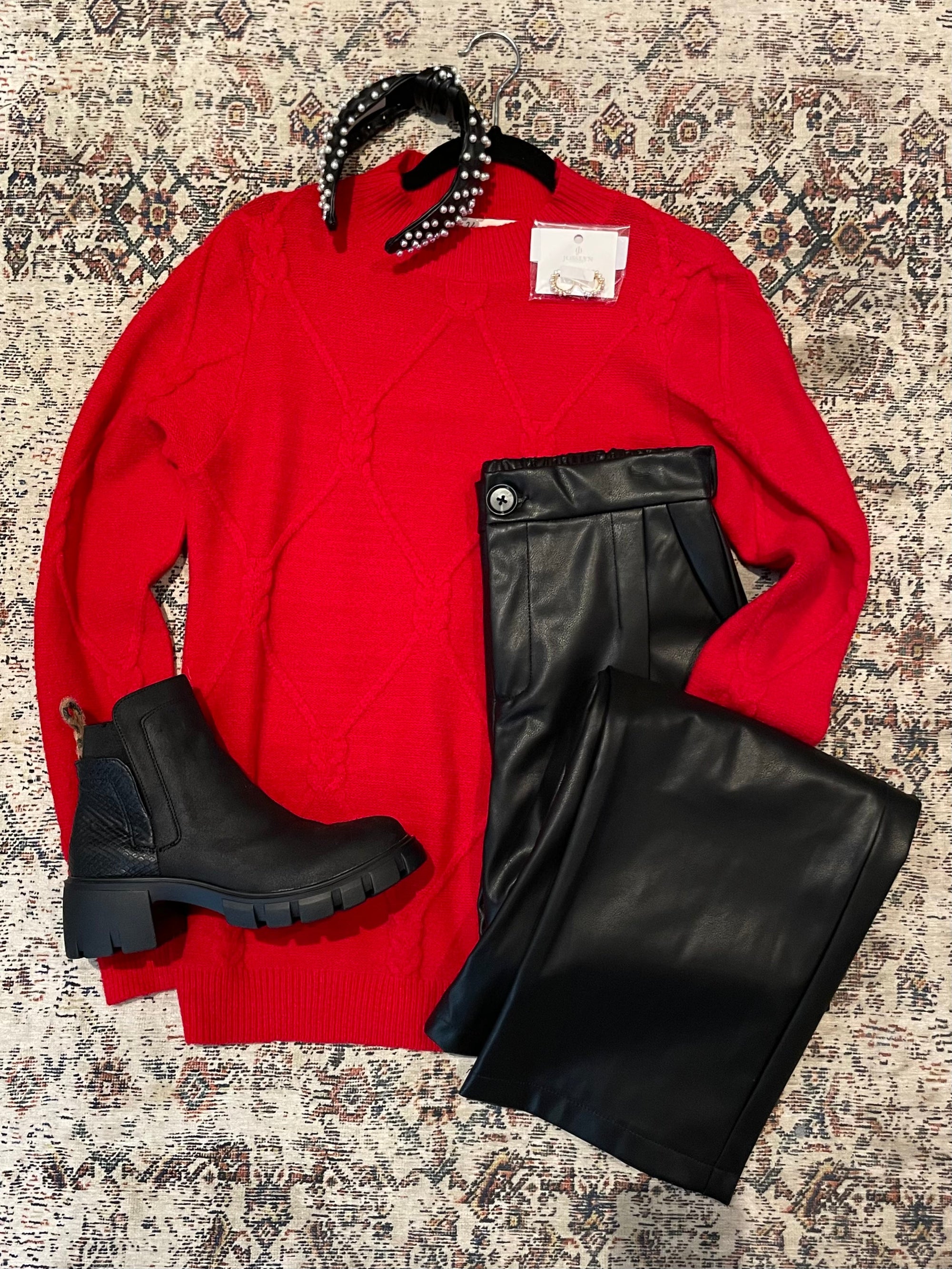 Red Cable Knit Sweater Long sleeve vine & love 