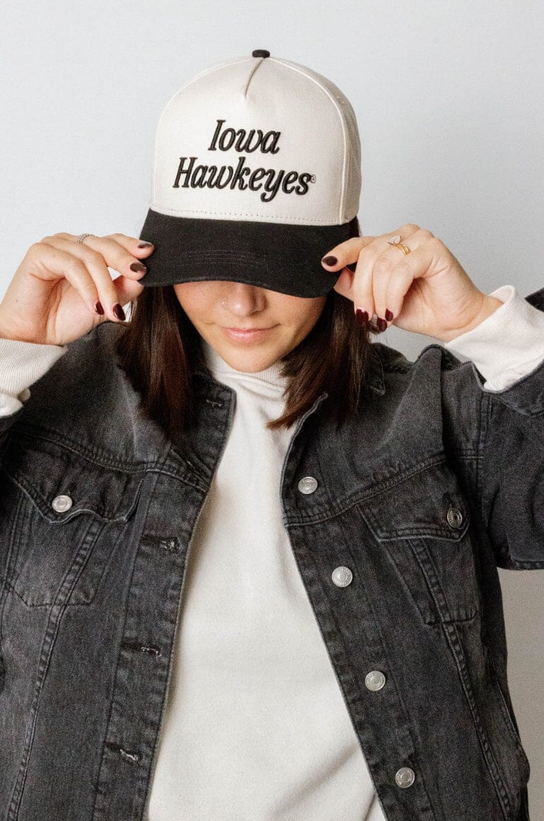 Iowa Hawkeyes Licensed Embroidered Cream and Black Trucker Hat Hats Game Day Social 