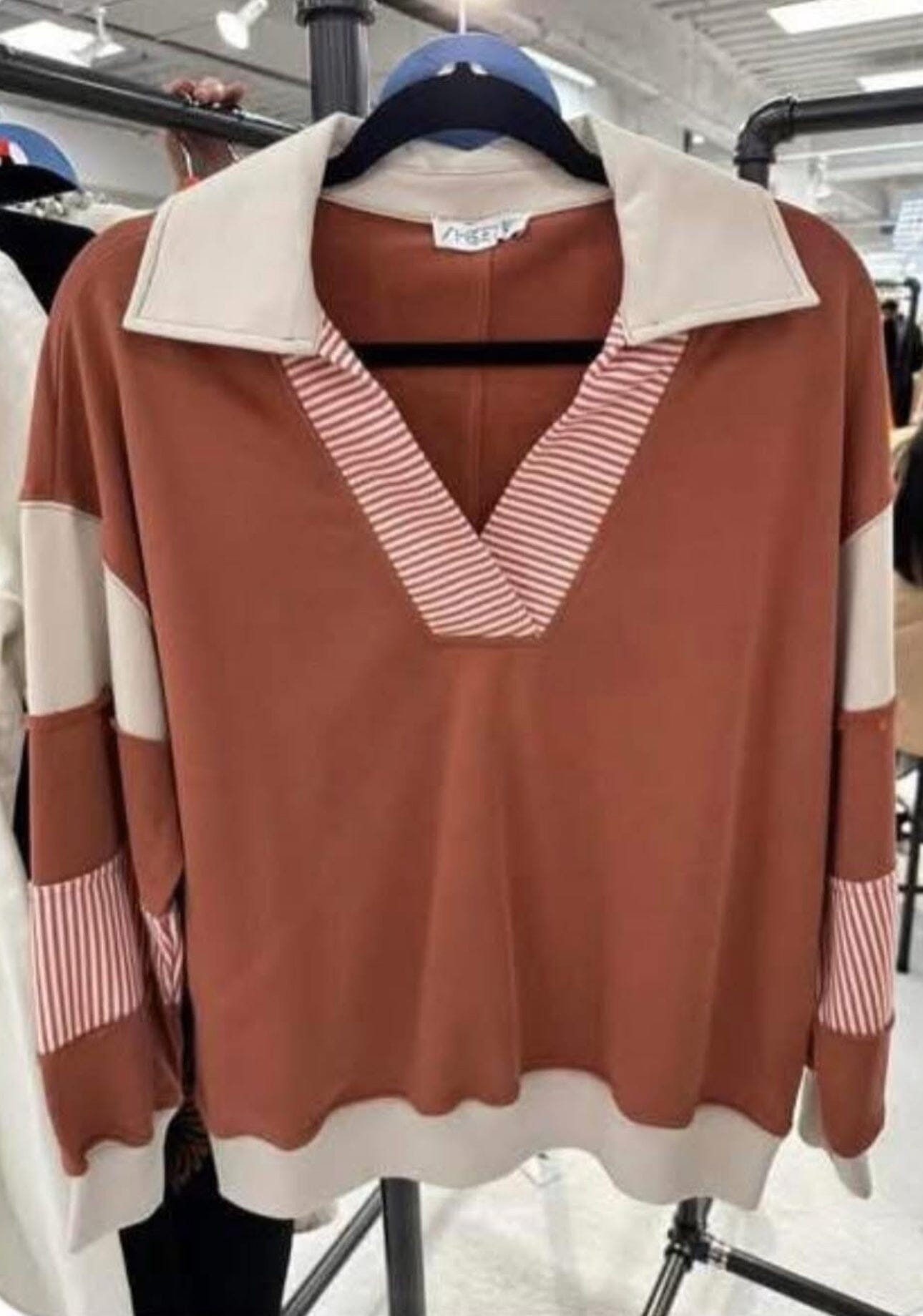 Rust Stripe Sleeve Collared Sweatshirt Long sleeve She + Sky 