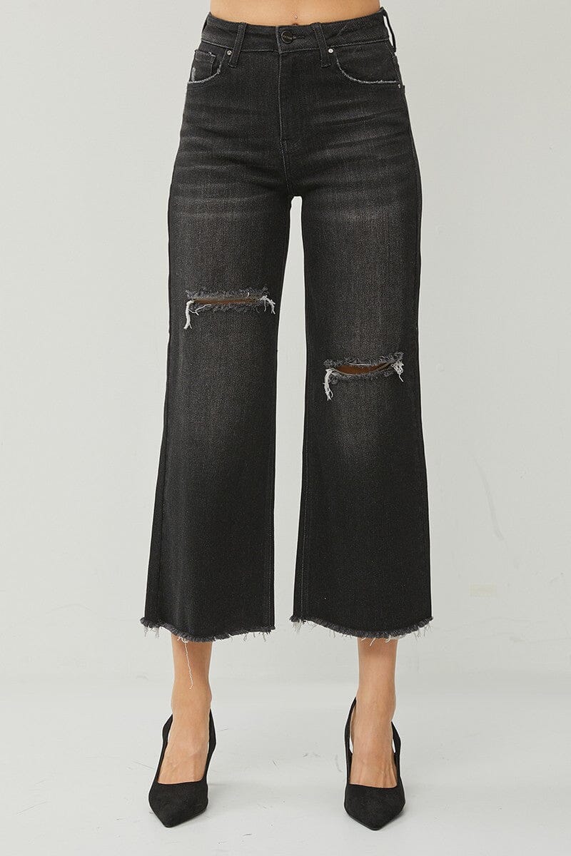 Risen Black High Rise Frayed Hem Crop Flare Jeans Skinny Jean Risen 