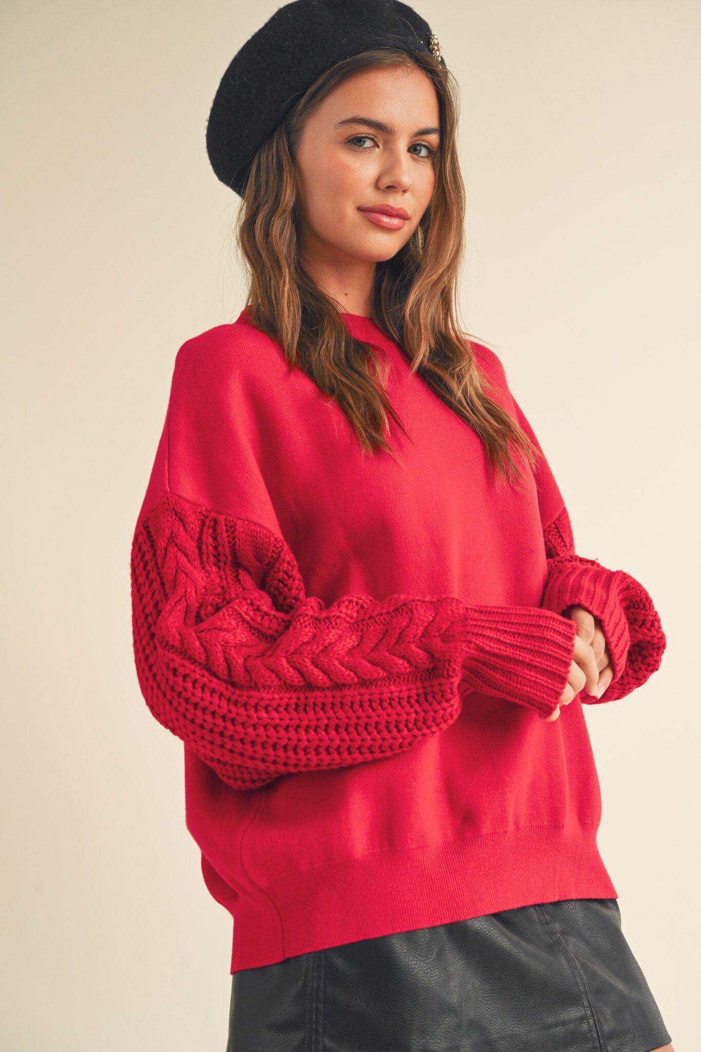 Red Cable Knit Sleeve Long Sleeve Sweater The Humming Arrow Boutique 
