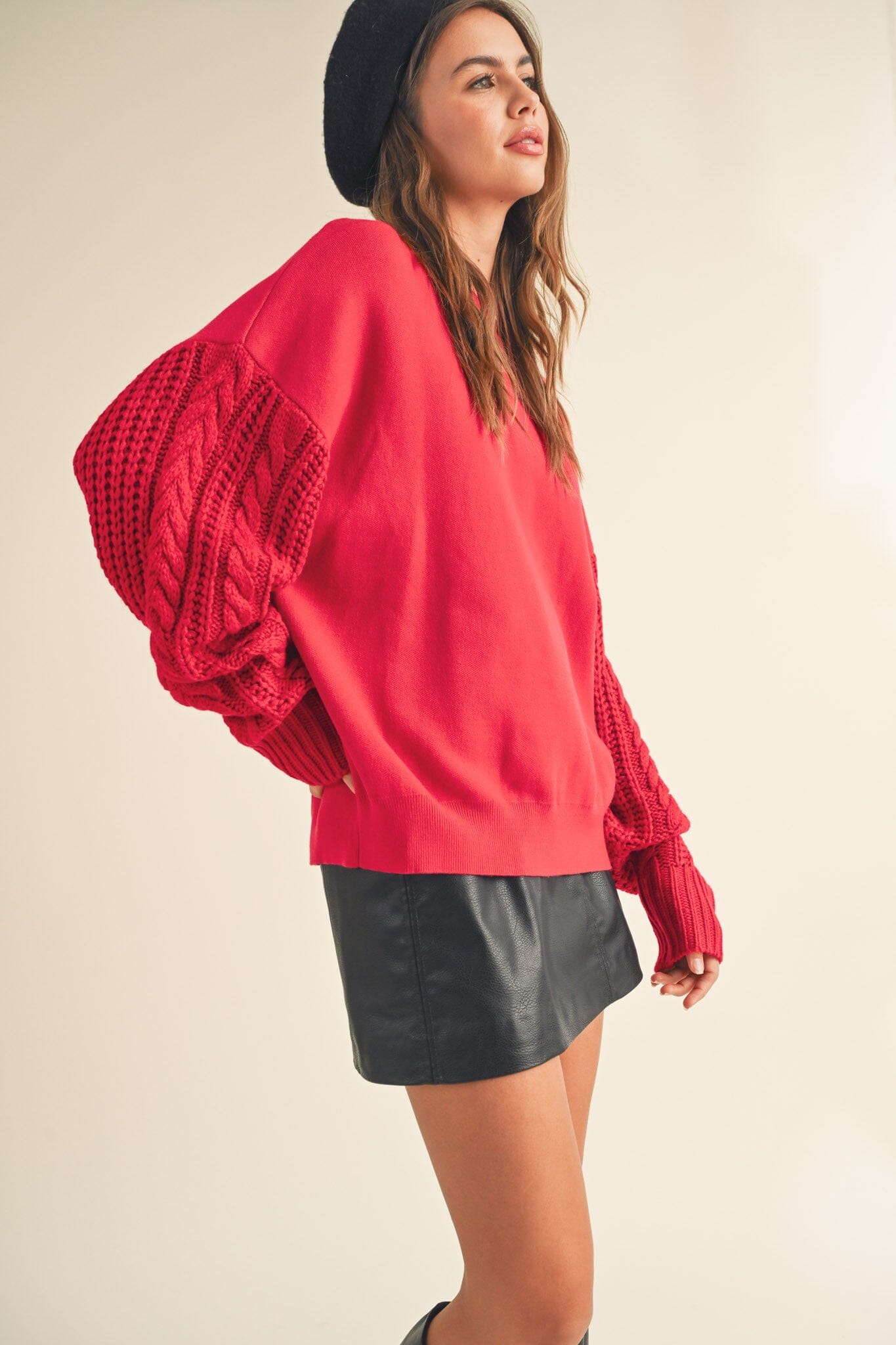 Red Cable Knit Sleeve Long Sleeve Sweater The Humming Arrow Boutique 