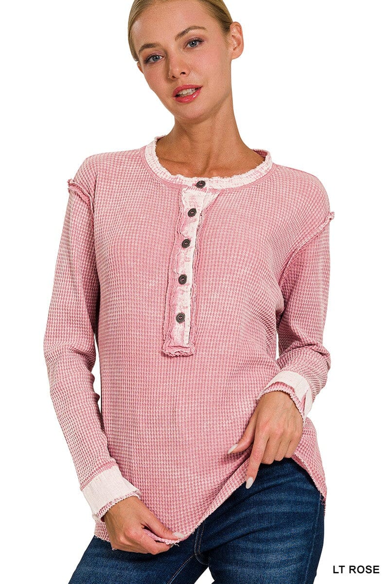 Light Rose Washed Baby Waffle Knit Henley Top The Humming Arrow Boutique 