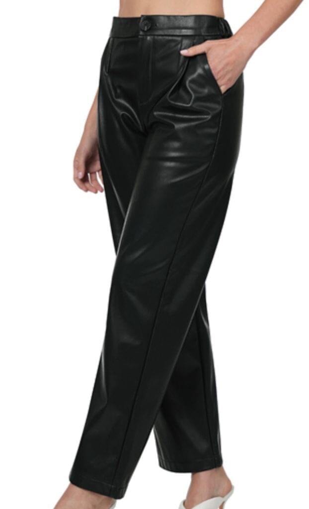 Black Faux Leather Stretchy High Waisted Wide Leg Pants Bottoms Zenana 