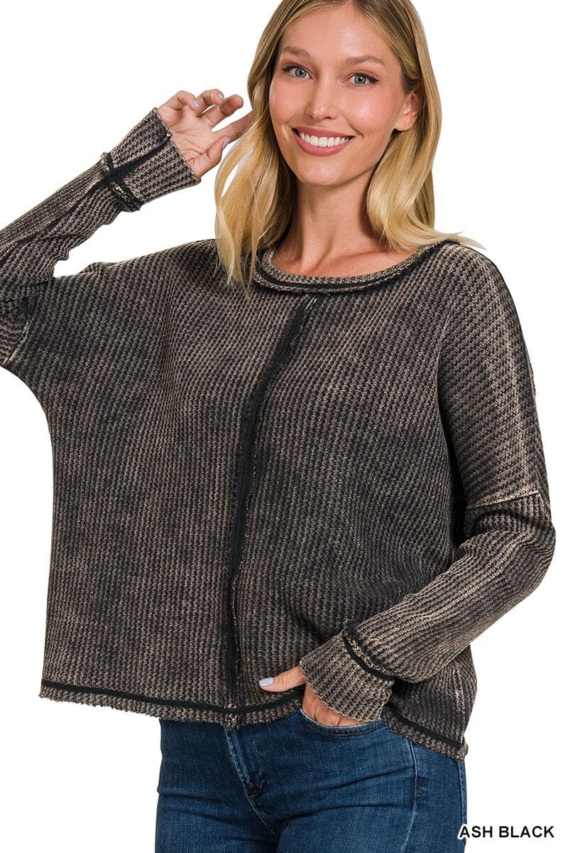 Ash Black Acid Wash Baby Waffle Knit Top Long sleeve Zenana 