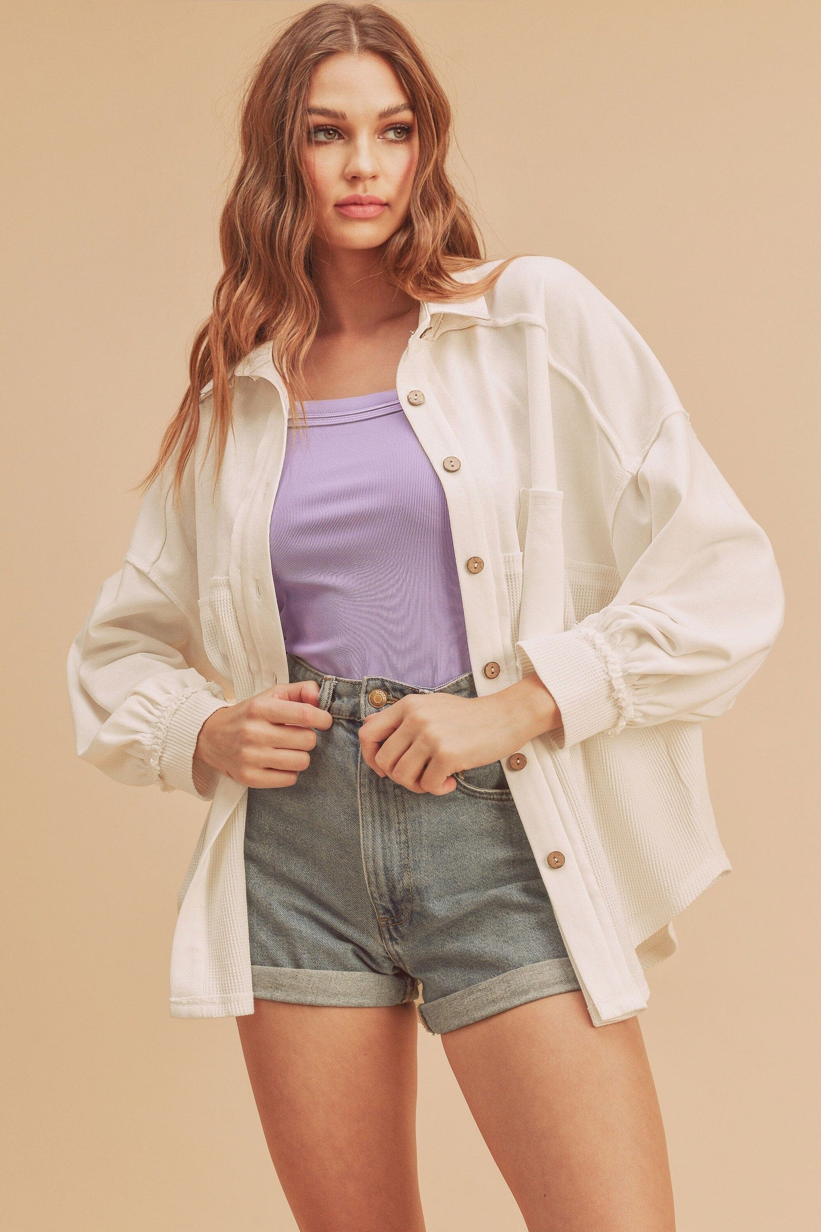 White Mixed Media Button Down Shacket Cardigan aemi+co 