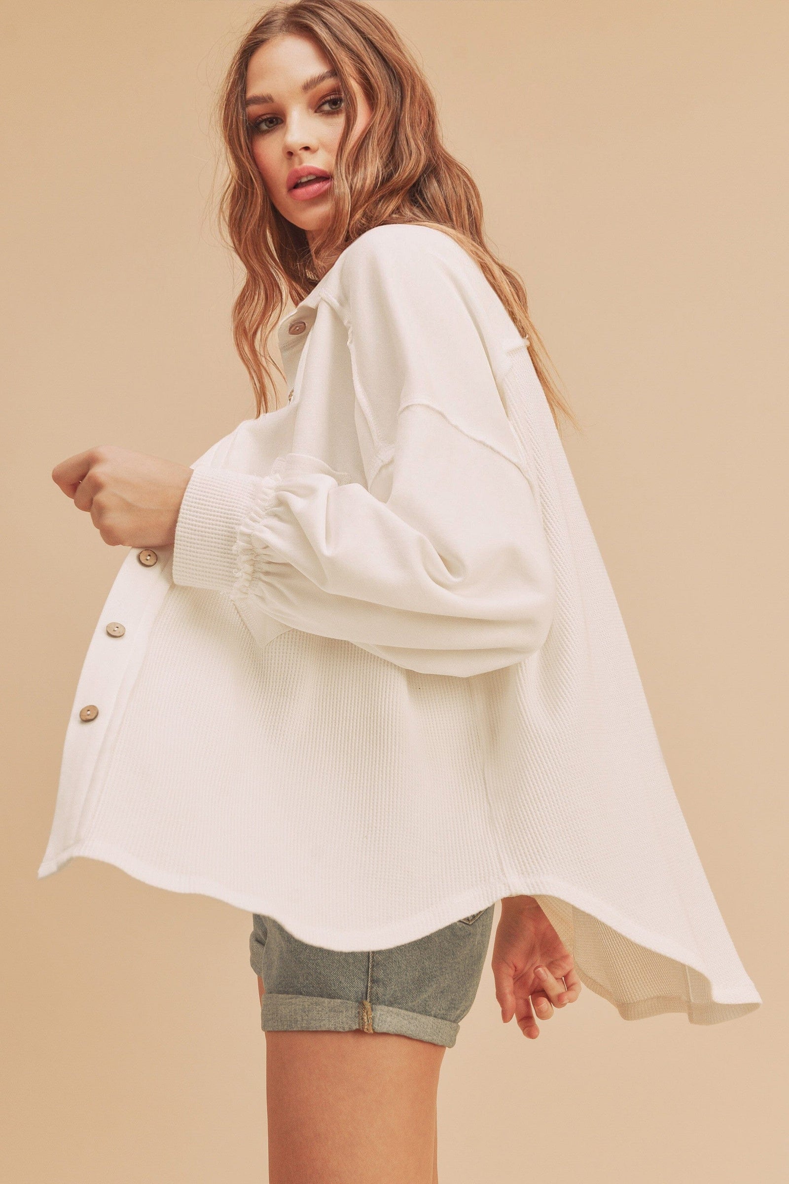 White Mixed Media Button Down Shacket Cardigan aemi+co 