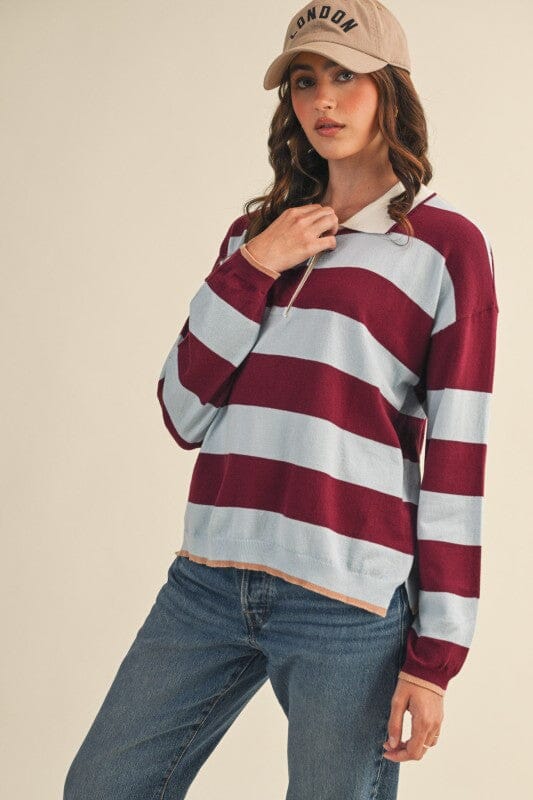 Burgundy Blue Rugby Stripe Sweater Cardigan &amp;merci 
