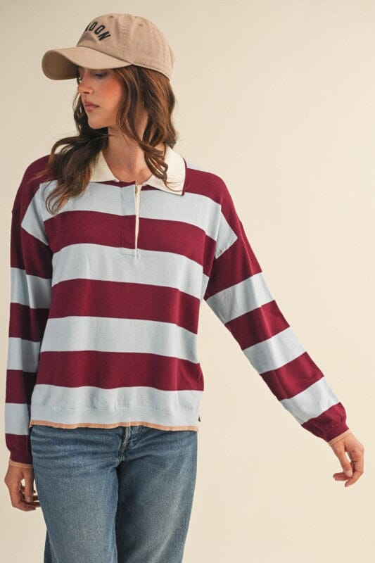 Burgundy Blue Rugby Stripe Sweater Cardigan &amp;merci 