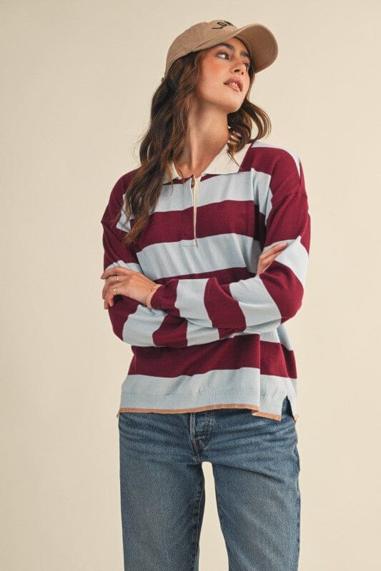 Burgundy Blue Rugby Stripe Sweater Cardigan &amp;merci 