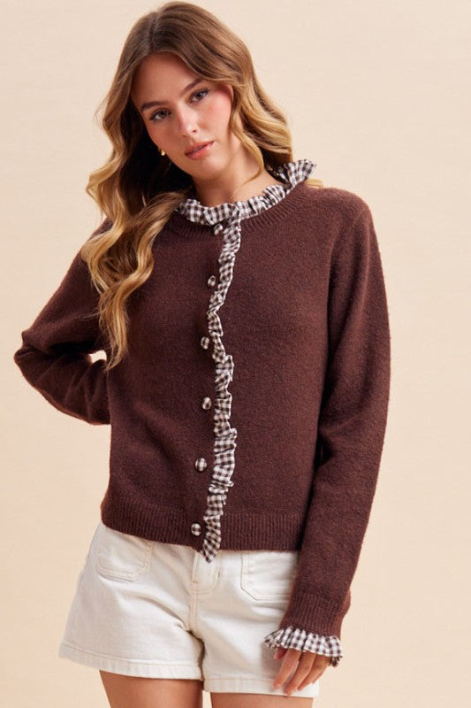 Chocolate Brown Gingham Ruffle Trim Button Down Cardigan