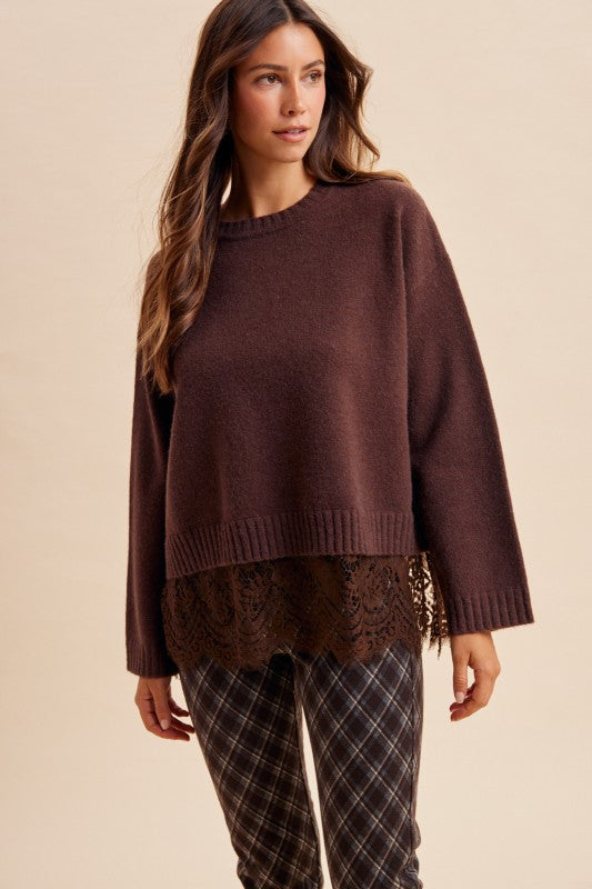 Chocolate Brown Lace Trim Long Sleeve Knit Sweater