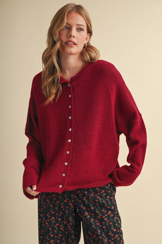 Burgundy Red Oversized Rolled Hem Long Sleeve Cardigan