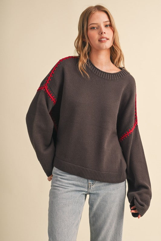 Smoke Brown Sweather with Red Blanket Stitch Detailing