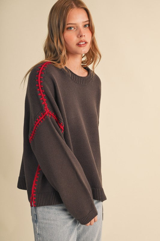 Smoke Brown Sweather with Red Blanket Stitch Detailing