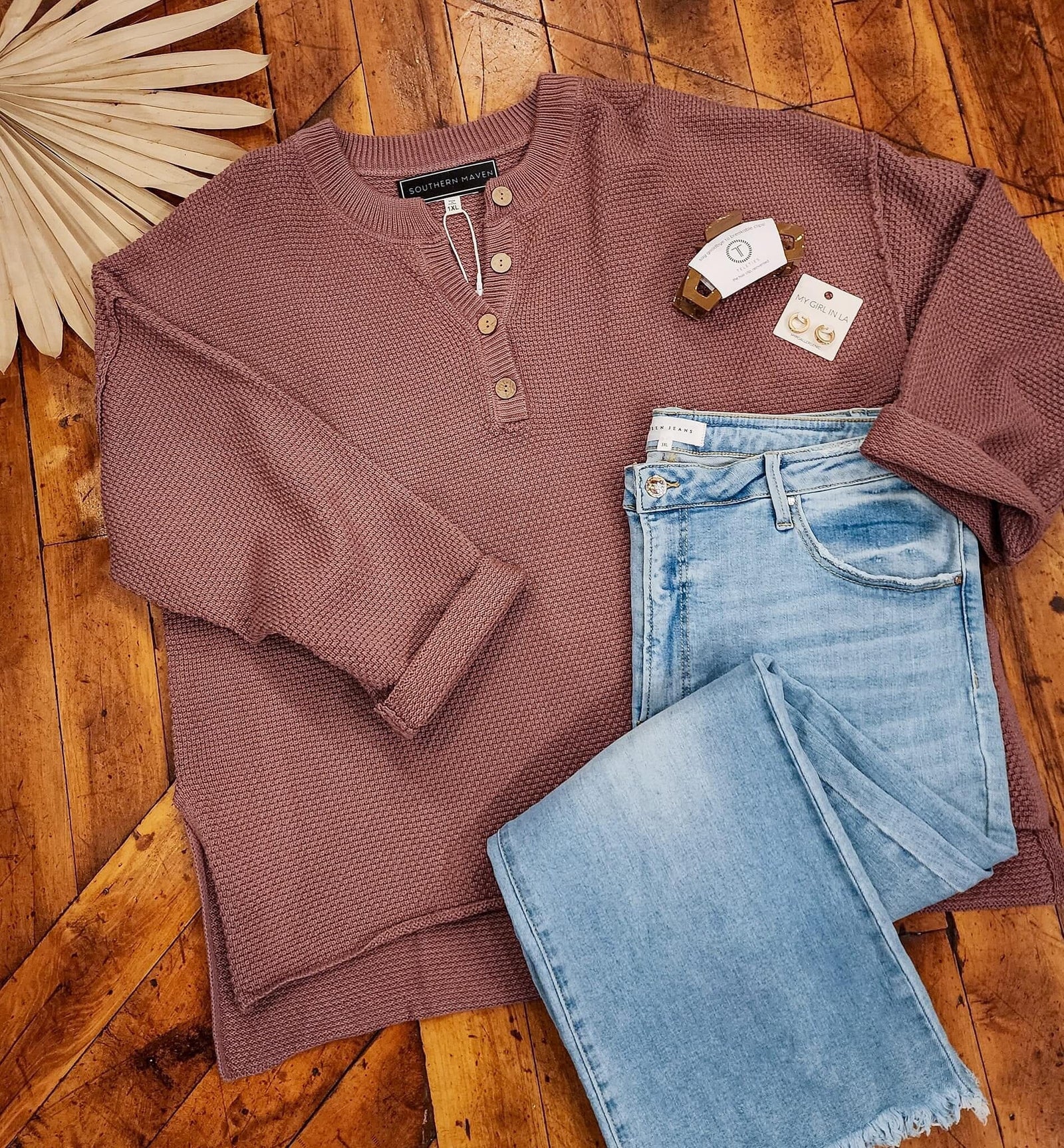 Reece Dark Mauve Oversized Henley in Plus Long sleeve Heyson 
