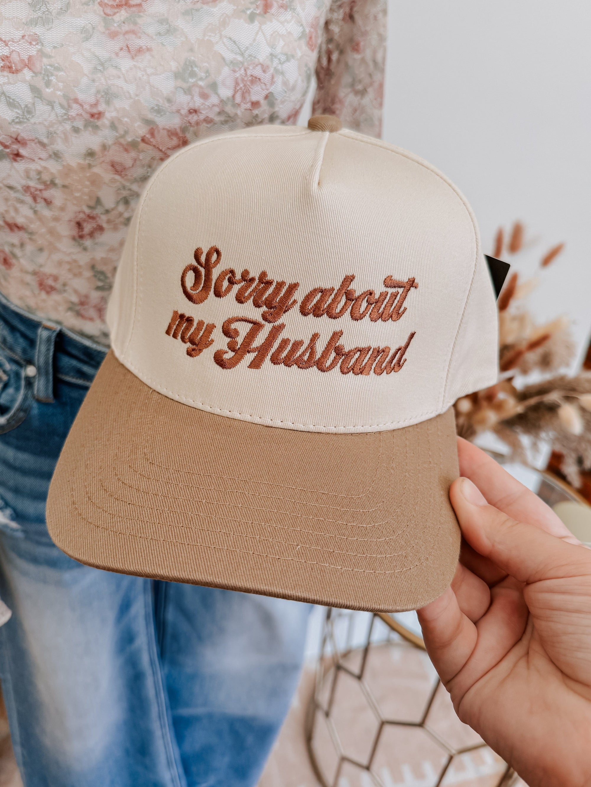 Sorry About My Husband Beige Embroidered Adjustable Snap Back Trucker Hat Hats Fashion City 