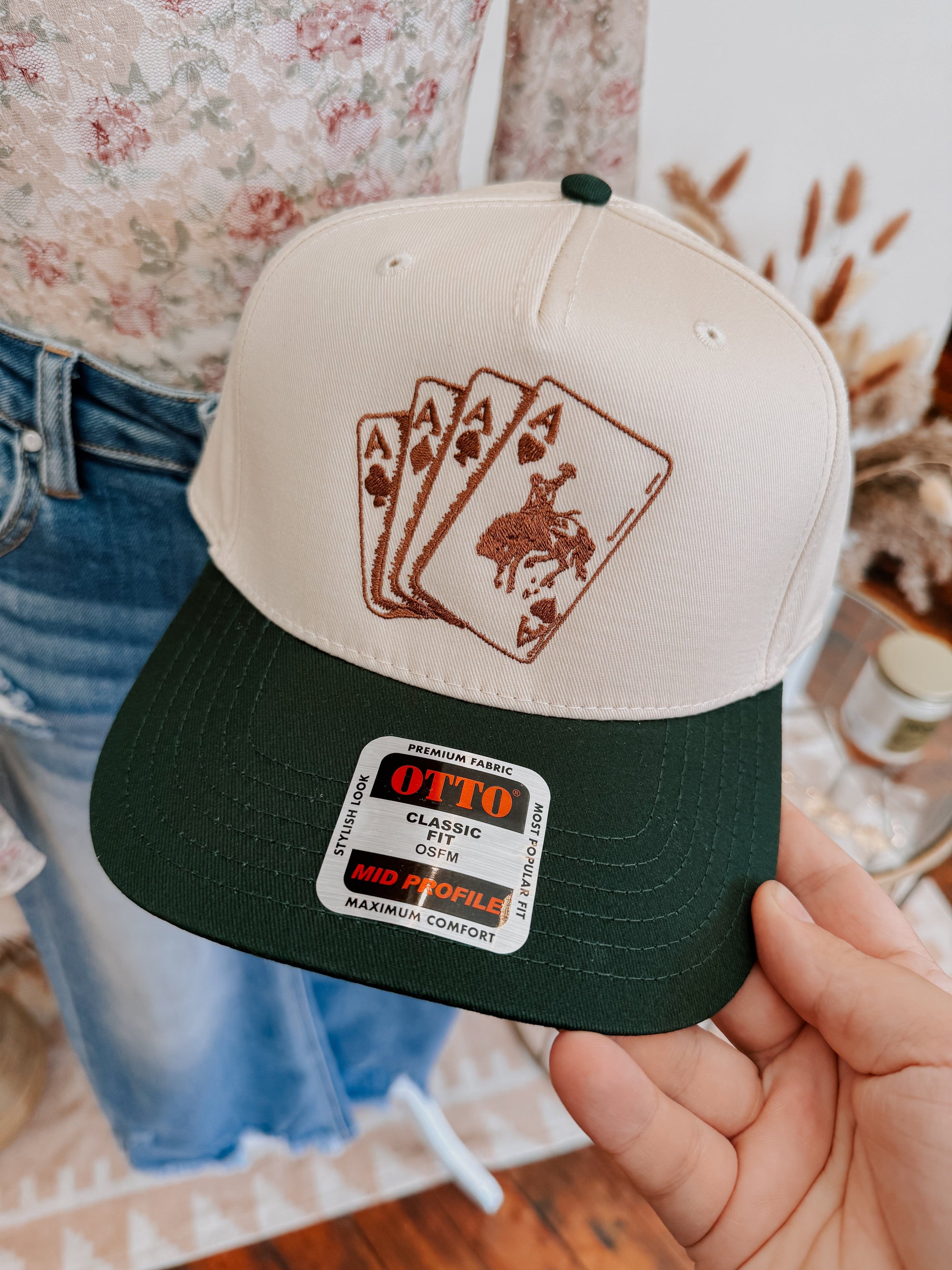 Cowboy Card Dark Green Embroidered Adjustable Snap Back Trucker Hat Hats Fashion City 