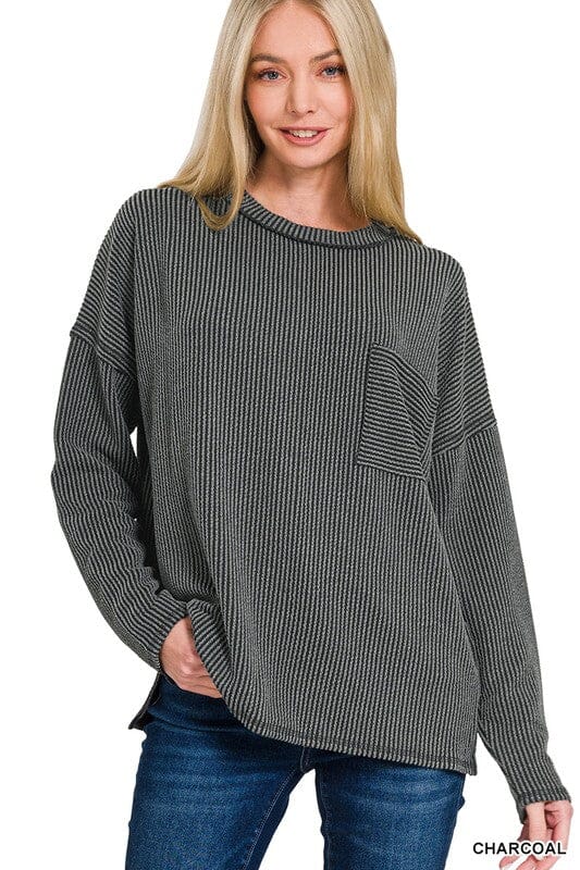 Charcoal Ribbed Pocket Long Sleeve Top Long sleeve Zenana 