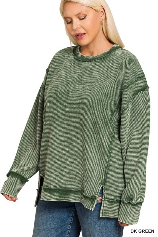 Dark Green Acid Wash Exposed Seam Oversized Sweatshirt Long sleeve Zenana 