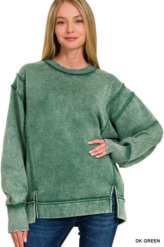 Dark Green Acid Wash Exposed Seam Oversized Sweatshirt Long sleeve Zenana 