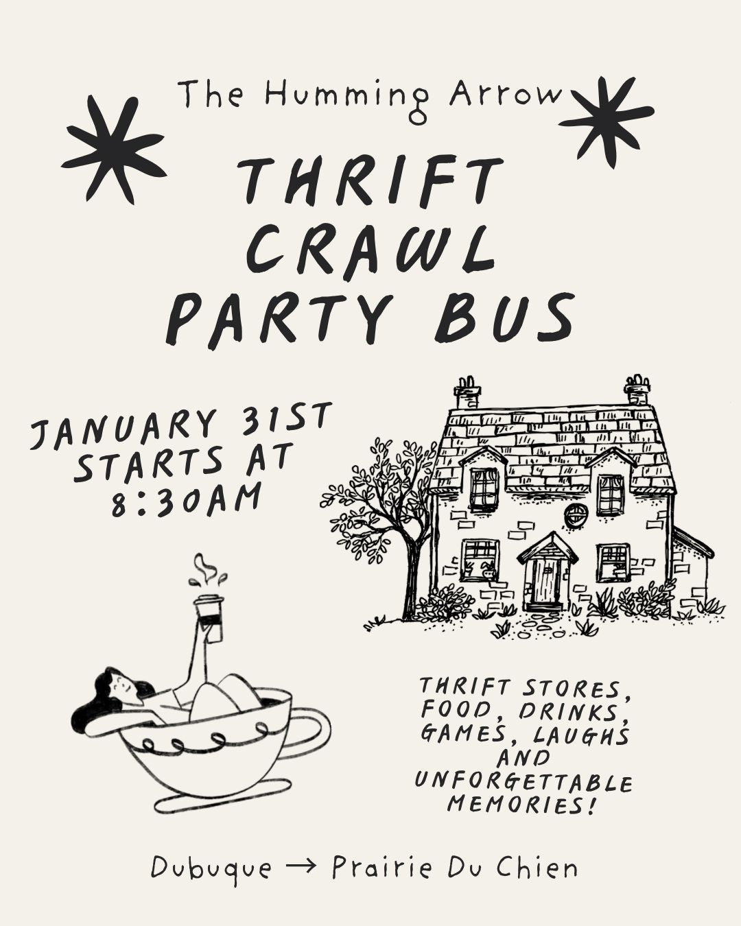 Thrift Crawl Party Bus - BUS FARE PAID SEPARATELY The Humming Arrow Boutique 