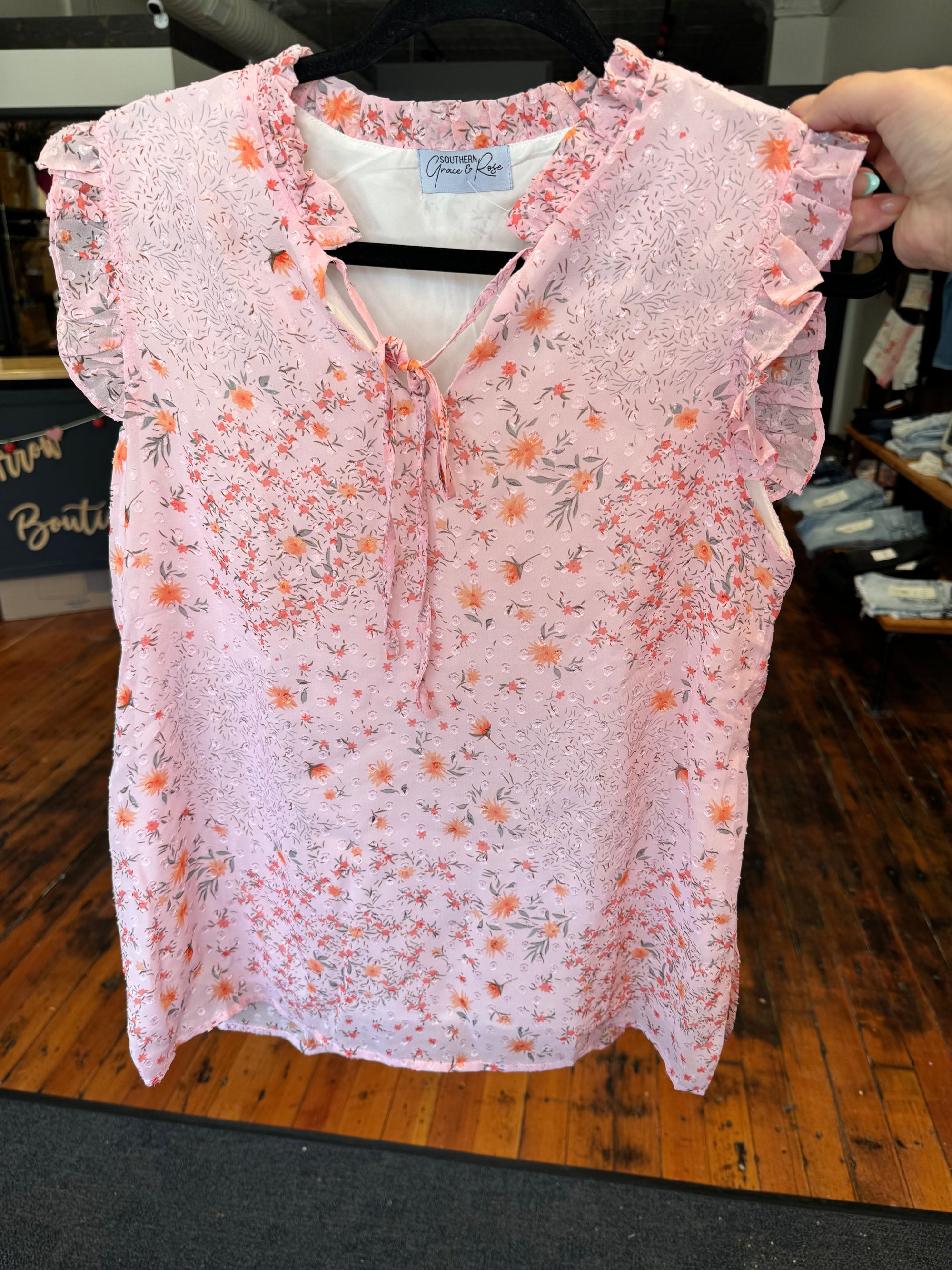 Blushing Florals Cap Sleeve Tie Front Blouse Short sleeve Grace & Rose 