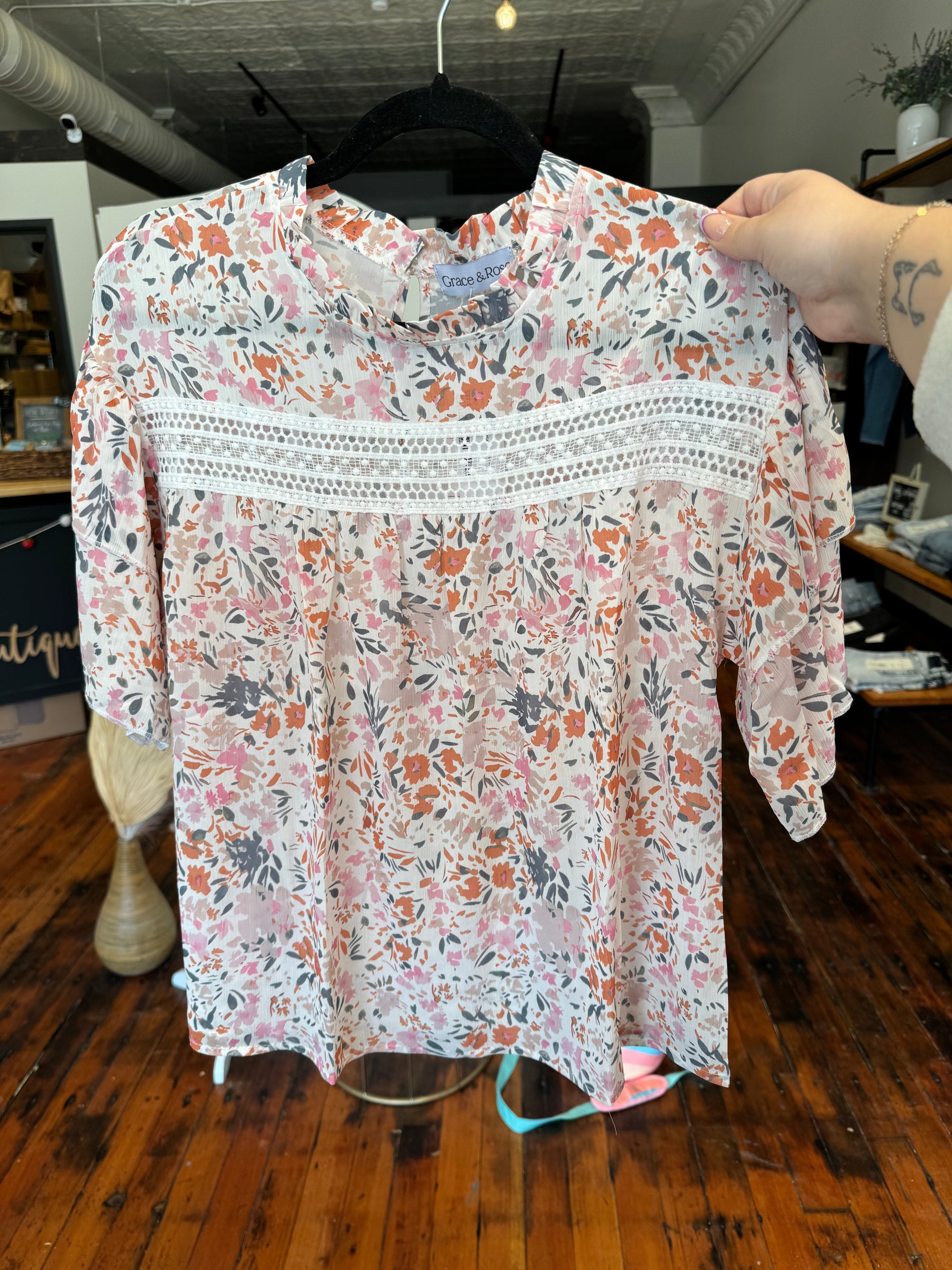 Charleston Floral Lace Detail Short Sleeve Top Short sleeve Grace & Rose 
