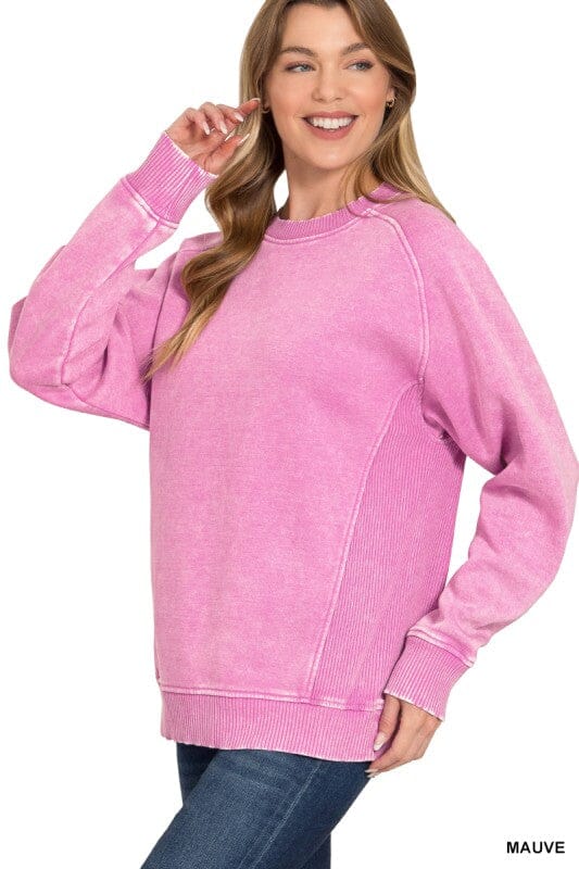 Mauve Side Ribbed Acid Wash Crewneck Sweatshirt Long sleeve Zenana 