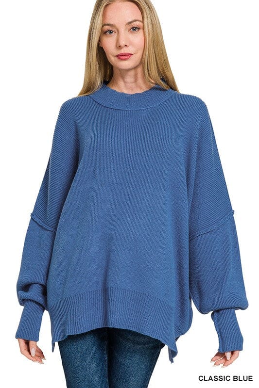 Classic Blue Side Slit Oversized Long Sleeve Sweater Long sleeve Zenana 