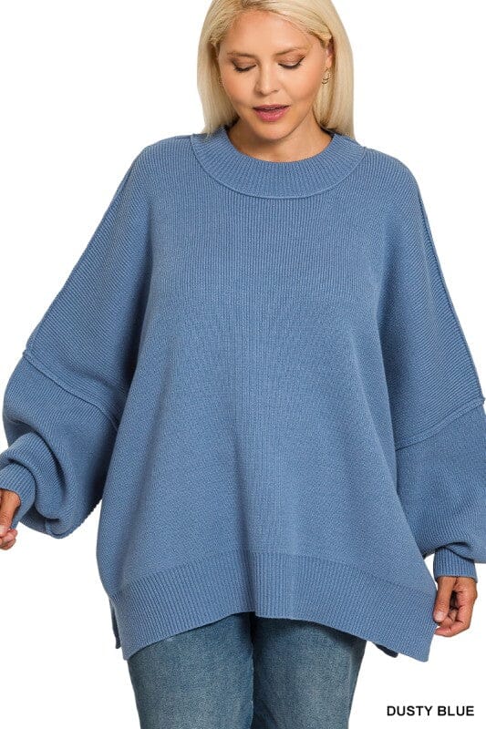 Dusty Blue Plus Size Side Slit Oversized Sweater Long sleeve Zenana 
