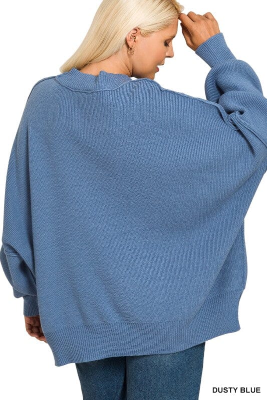 Dusty Blue Plus Size Side Slit Oversized Sweater Long sleeve Zenana 