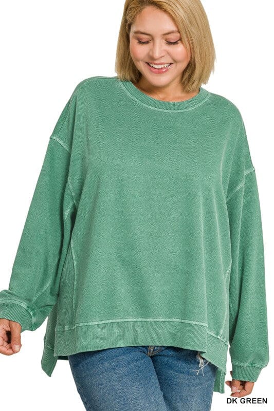 Dark Green French Terry Pigment Dyed Long Sleeve Pullover Long sleeve Zenana 