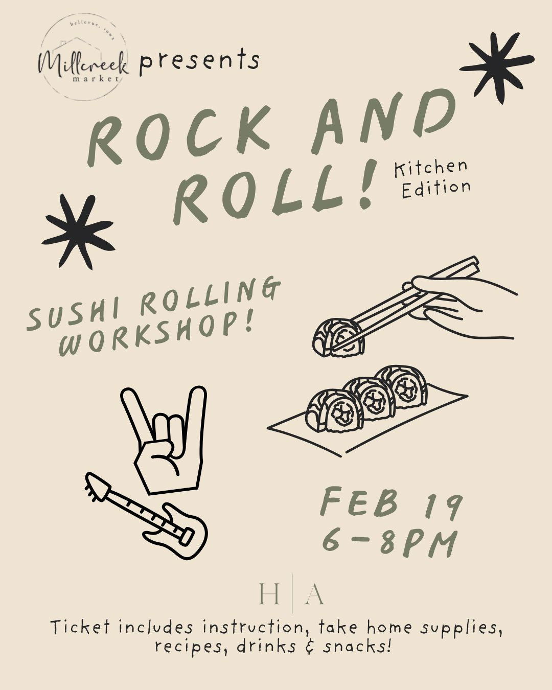 Rock and Roll! Kitchen Edition: Sushi Rolling Workshop The Humming Arrow Boutique 