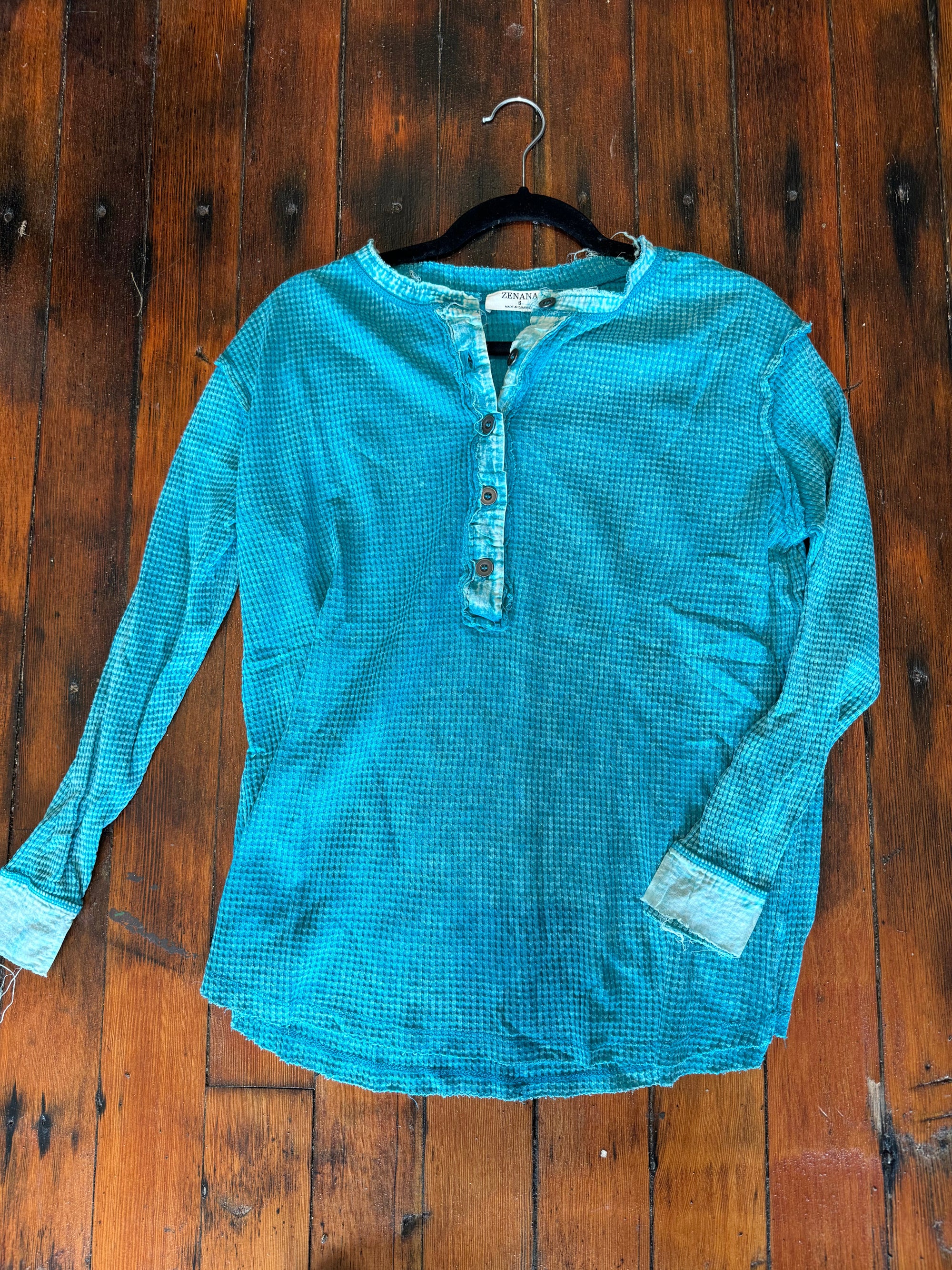 Teal Acid Wash Long Sleeve Button Top Long sleeve Zenana 