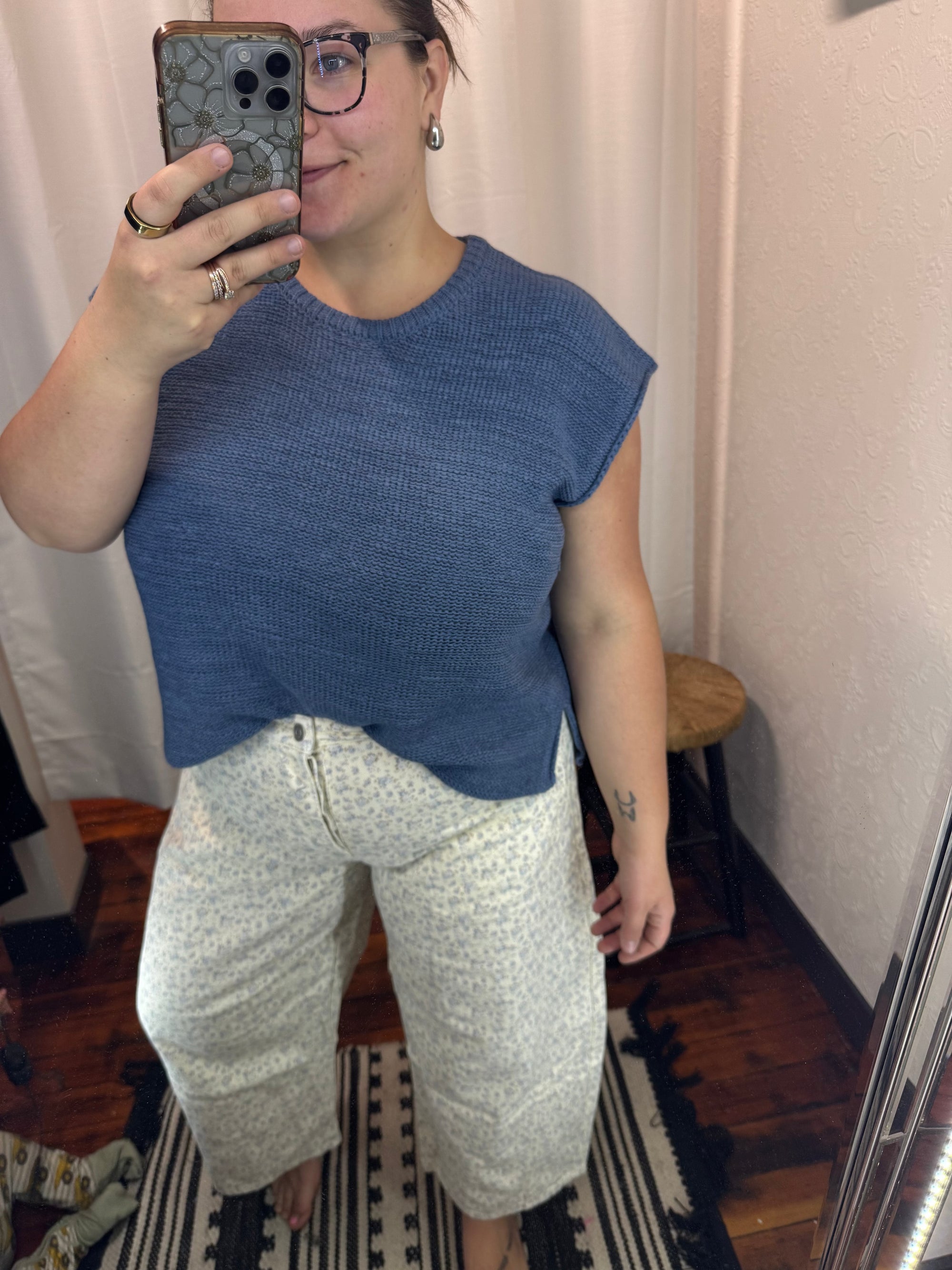 Dusty Blue Oversized Side Slit Sweater Vest Summer Tanks Zenana 
