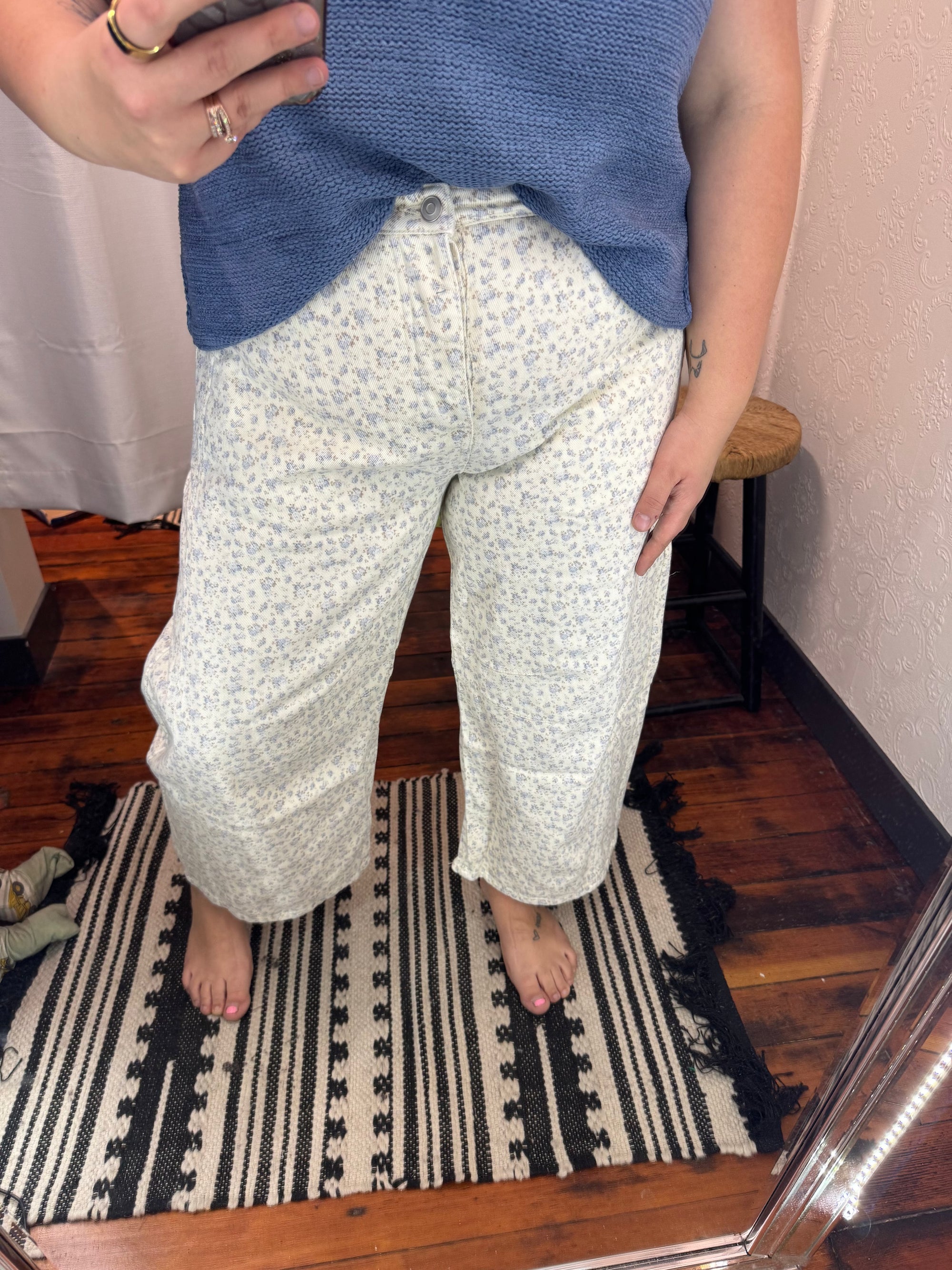 Ditsy Floral Cream Barrel Jeans Bottoms The Humming Arrow Boutique 