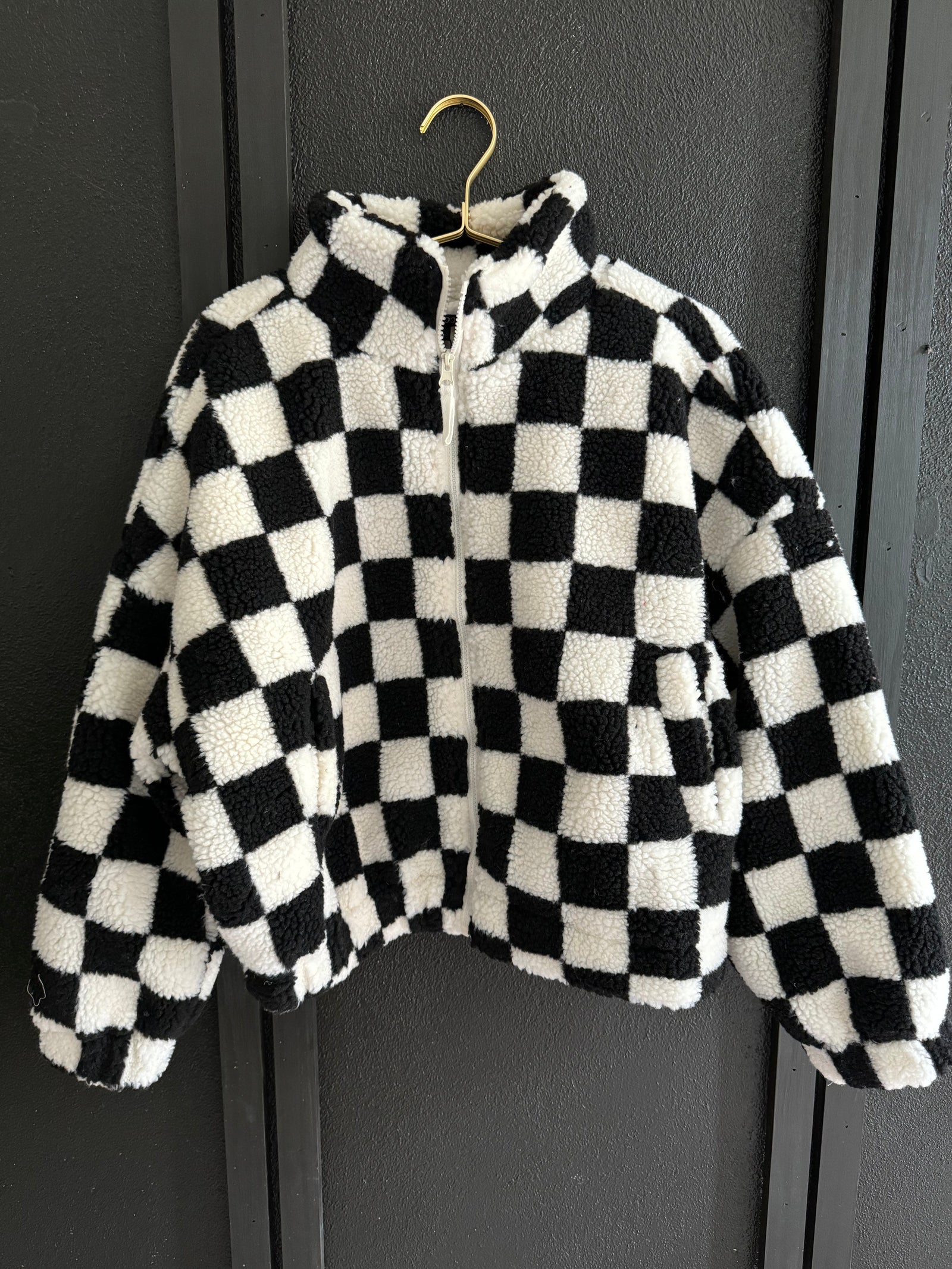 Black and White Checkered Fleece Puffer Jacket Outerwear Papermoon 
