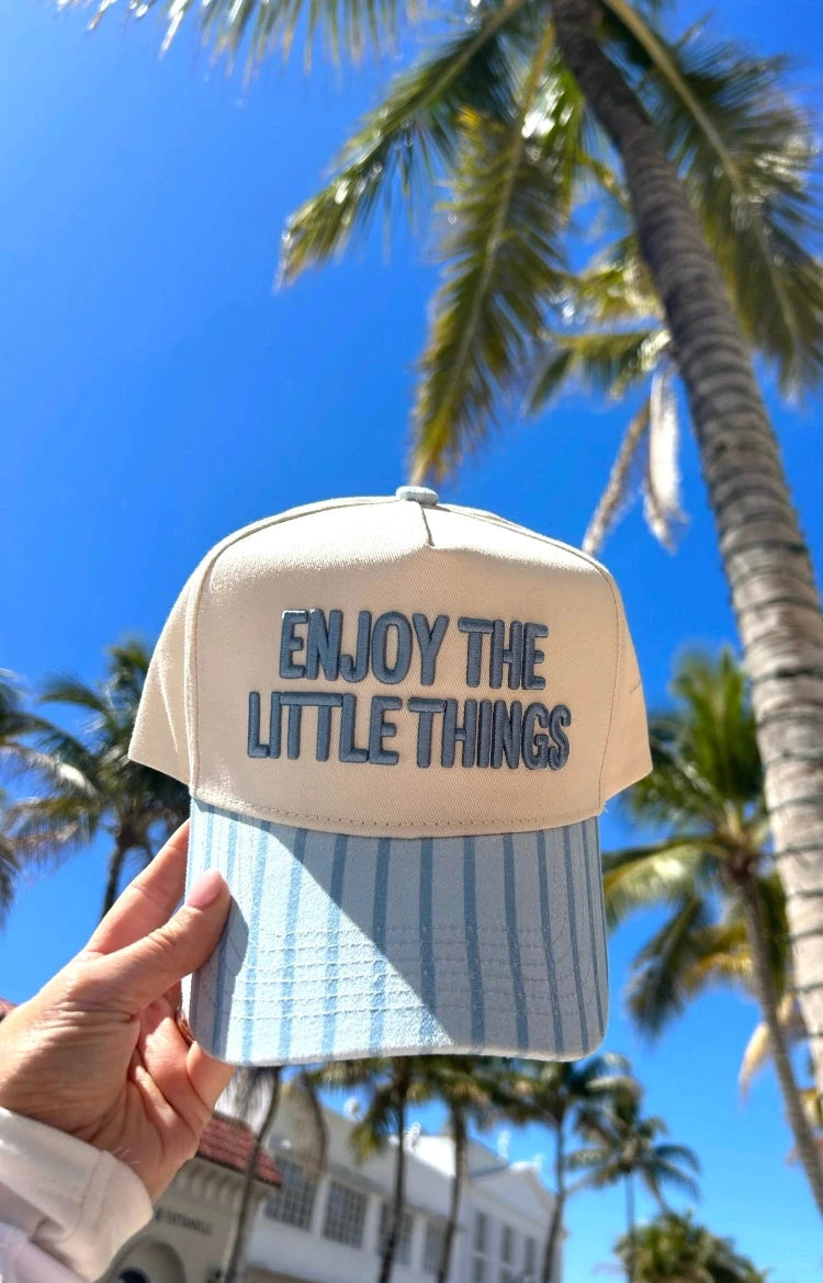 Enjoy The Little Things Blue Stripe Embroidered Trucker Hat Hats Kenz Kustomz 