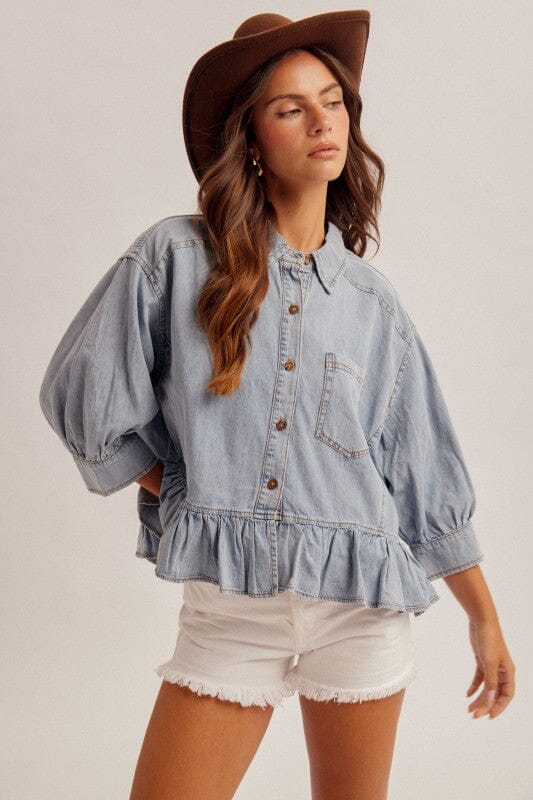 Denim Blue Oversized Ruffle Bottom Button Down Shirt Long sleeve Hem &amp; Thread 