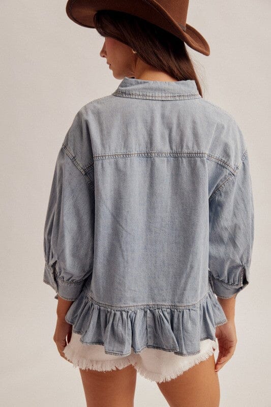 Denim Blue Oversized Ruffle Bottom Button Down Shirt Long sleeve Hem &amp; Thread 
