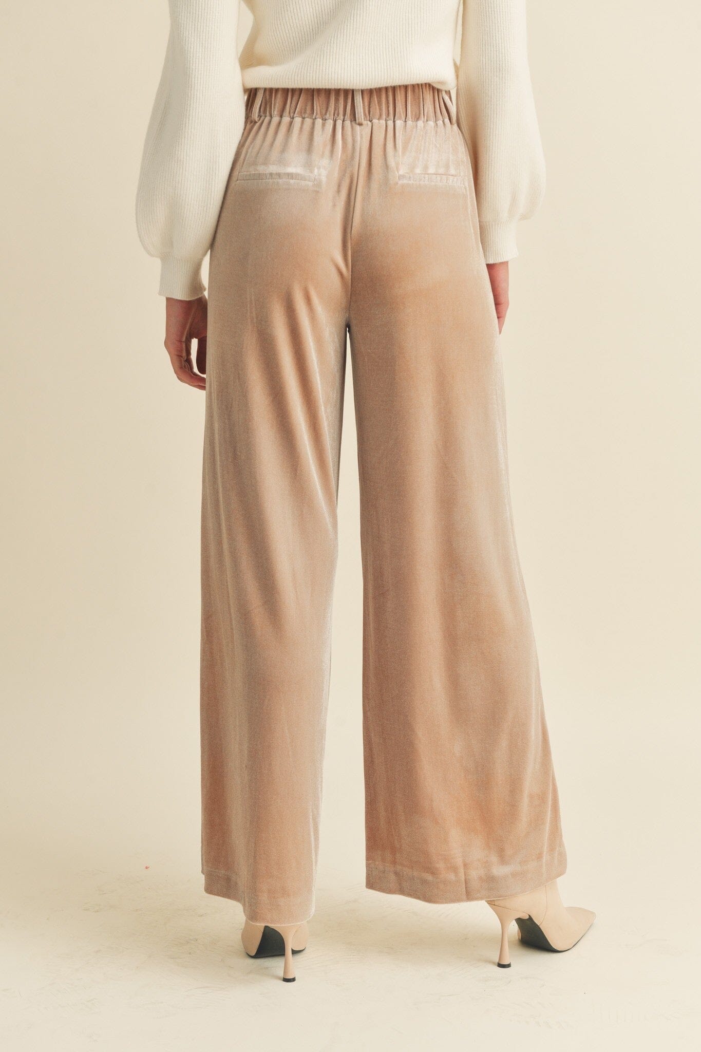 Taupe Wide Leg Velvet Pants with Elastic Waistband The Humming