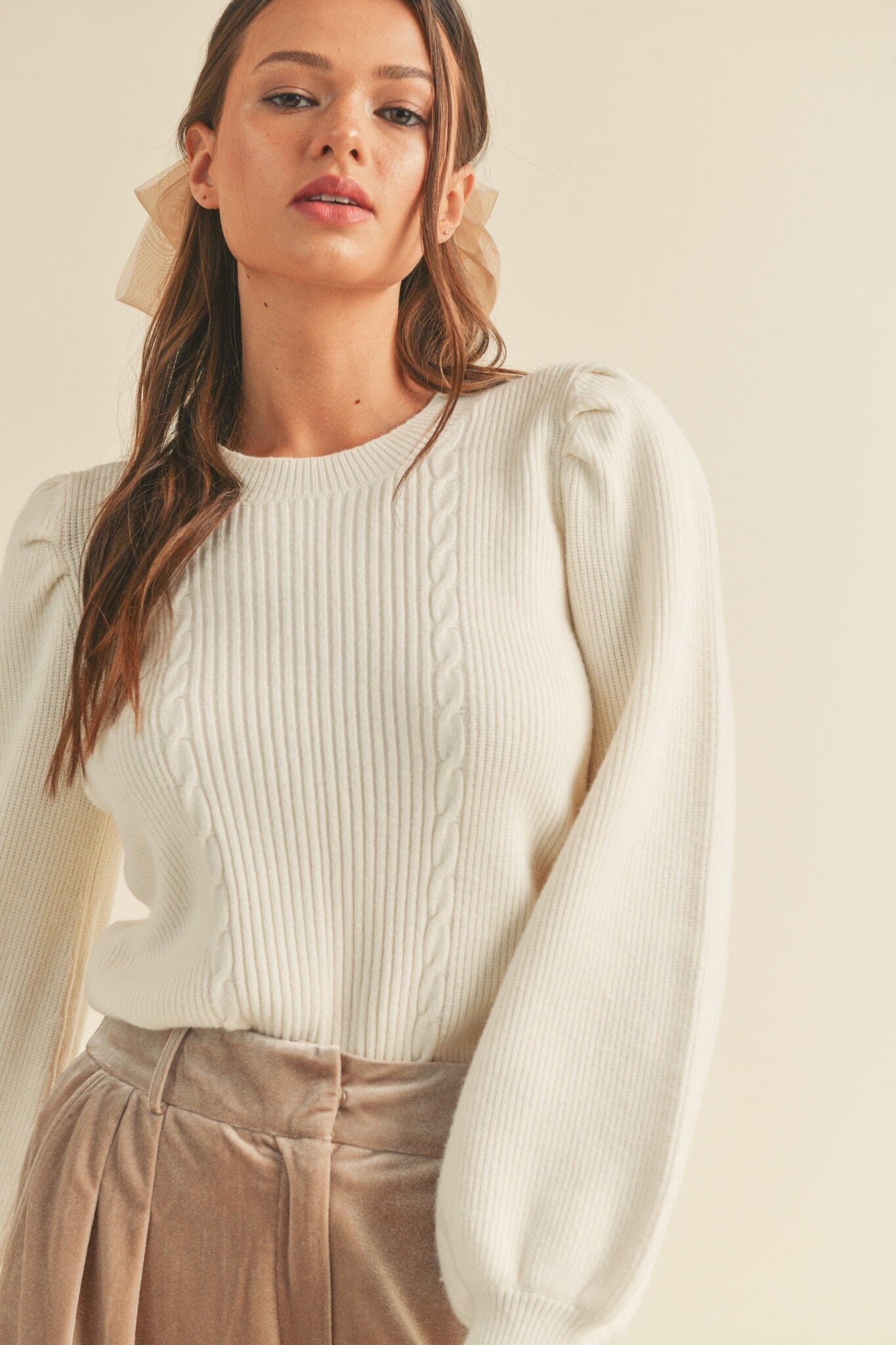 Ivory Ribbed Puff Sleeve Sweater Long sleeve &merci 