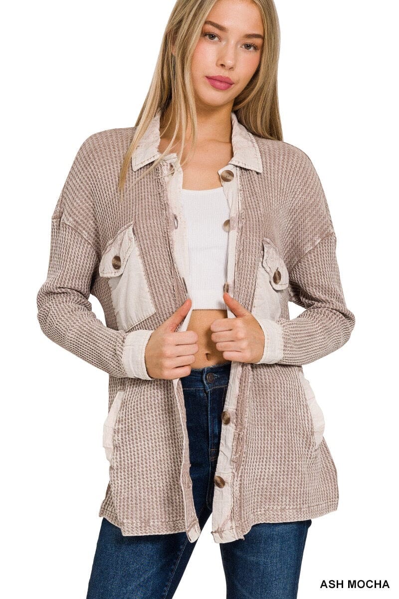 Ash Mocha Cotton Waffle Acid Wash Shacket Long sleeve &amp;merci 
